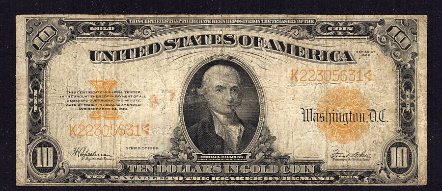 Fr.1173, 1922 $10 Gold Certificate, K22305631, Fine [12]